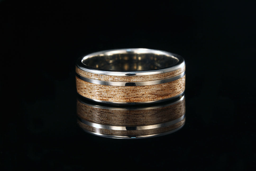 Titanium offset avocado wood titanium ring, Chasing Victory, silver interior band