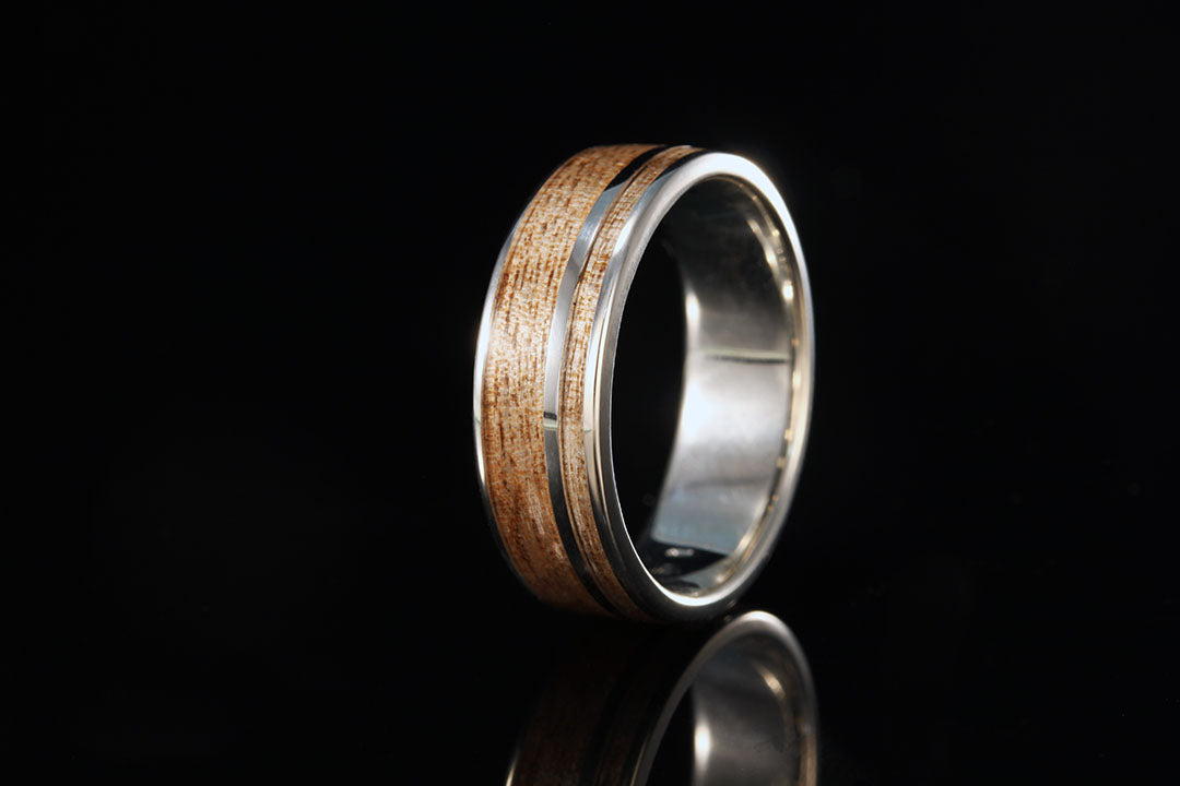 Wood Titanium Ring, upright view with silver interior band, wedding band, wedding ring, Chasing Victory