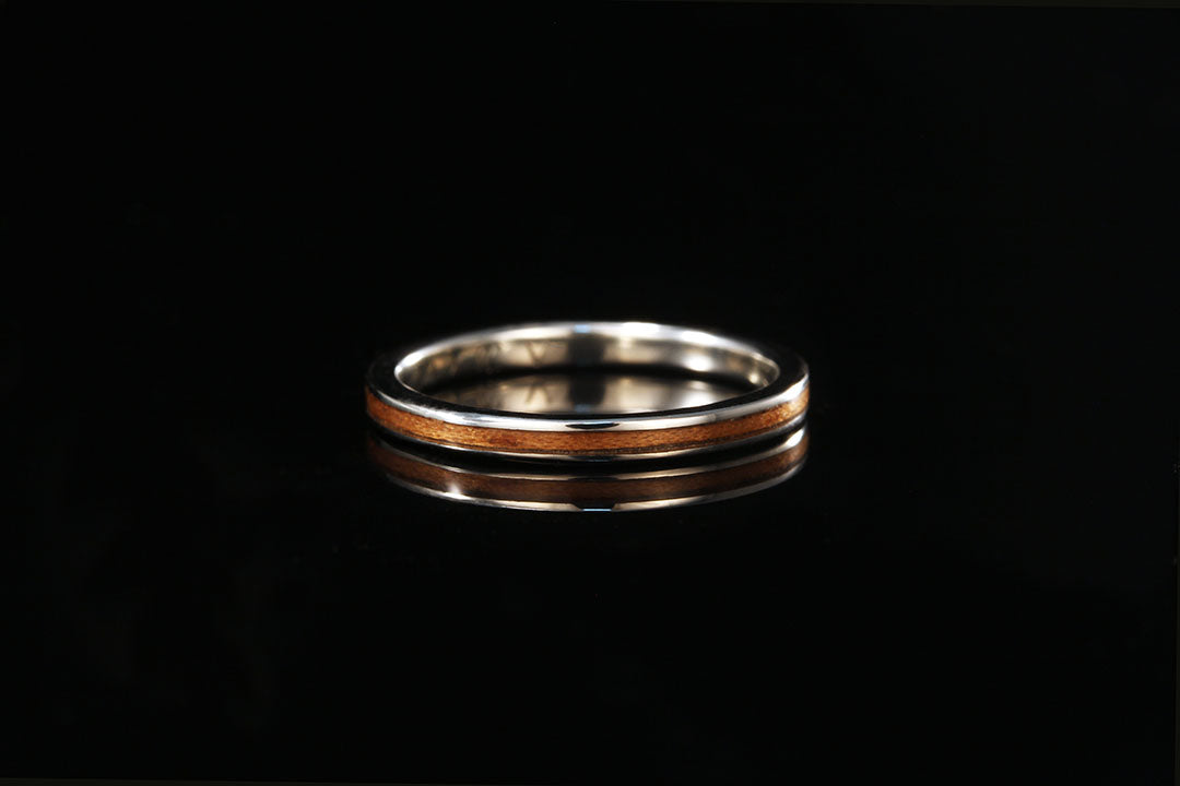 Wood ring, 14K white gold cherry wood round ring, golden lining