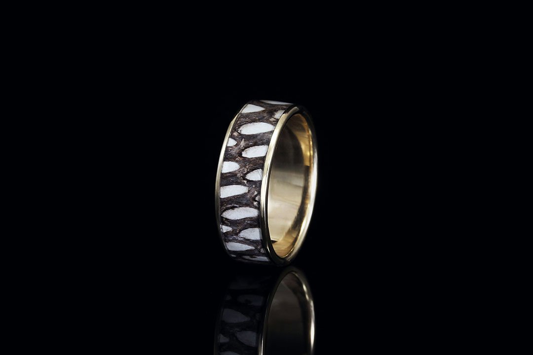 snakeskin ring standing upright view, golden interior, Chasing Victory