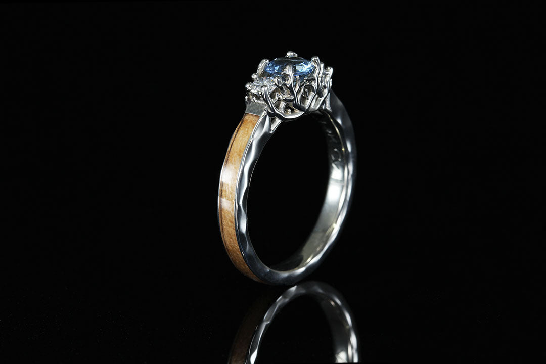 Image of women's wooden ring, 3 stone "Coral of the Sea" engagement ring
