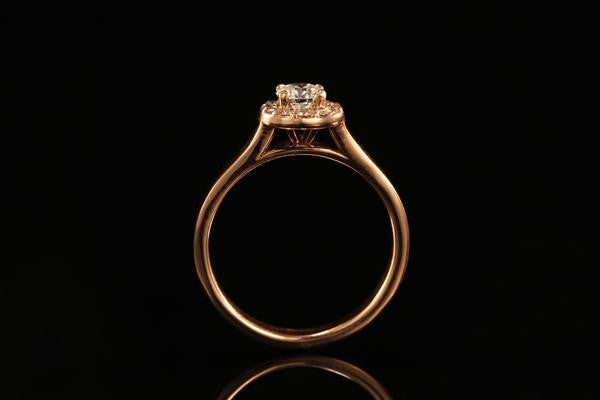 Engagement Ring Wooden upright view, rose gold band