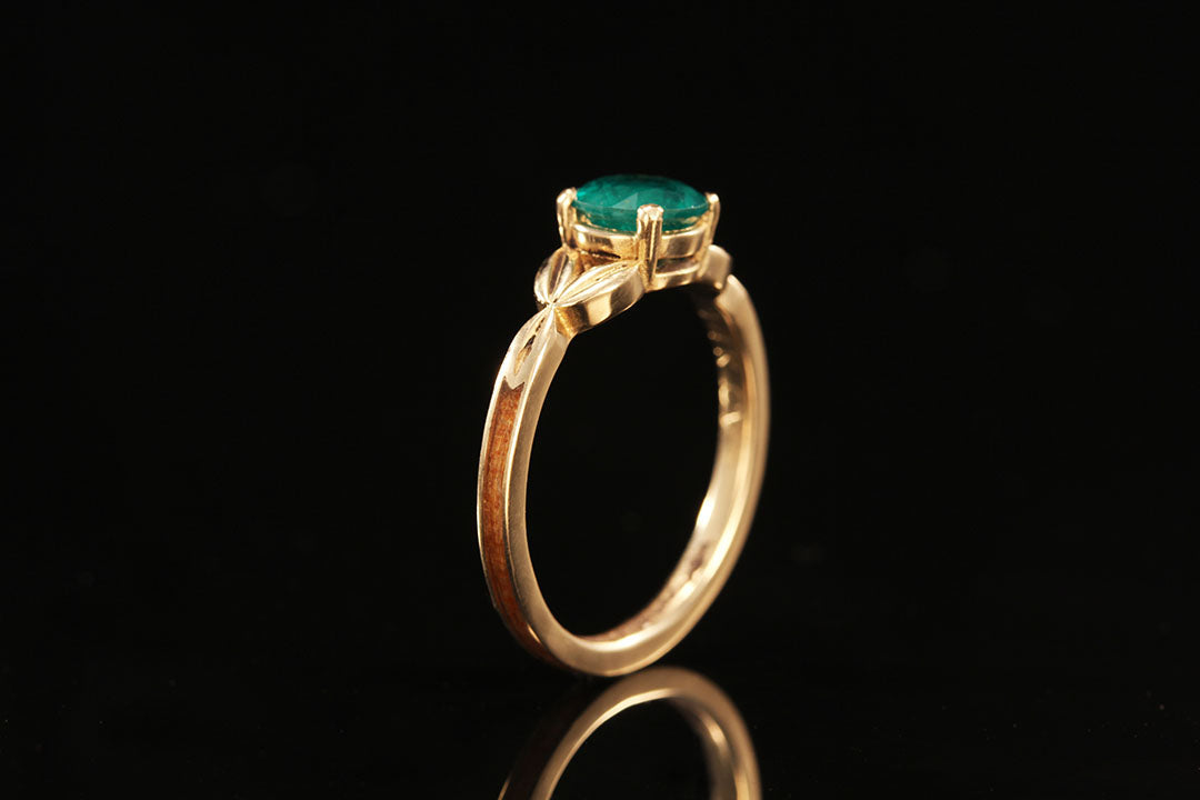 Emerald Wood Ring Upright view, golden interior band, green emerald diamond, Chasing Victory, wedding ring