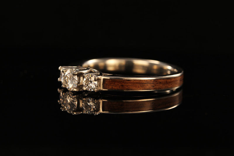 Wood and Diamond 3 Stone Engagement Ring, side view