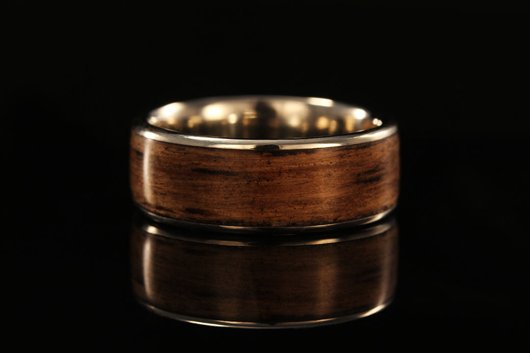 platinum and wood wedding ring, jack daniels whiskey barrel ring, golden linings