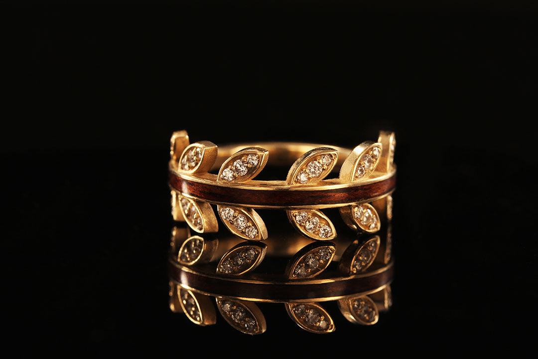 Image of women's wood ring, yellow gold leaf ring, Koa lining