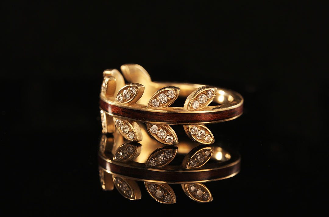 Diamond leaf ring, 14K yellow gold diamond leaf ring, side view, Chasing Victory