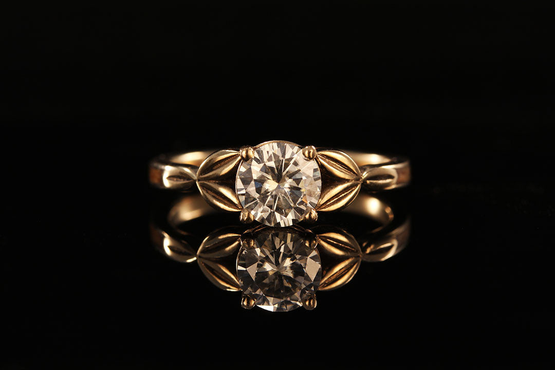 14K Yellow Gold Diamond Leaf Ring, Chasing Victory, front view