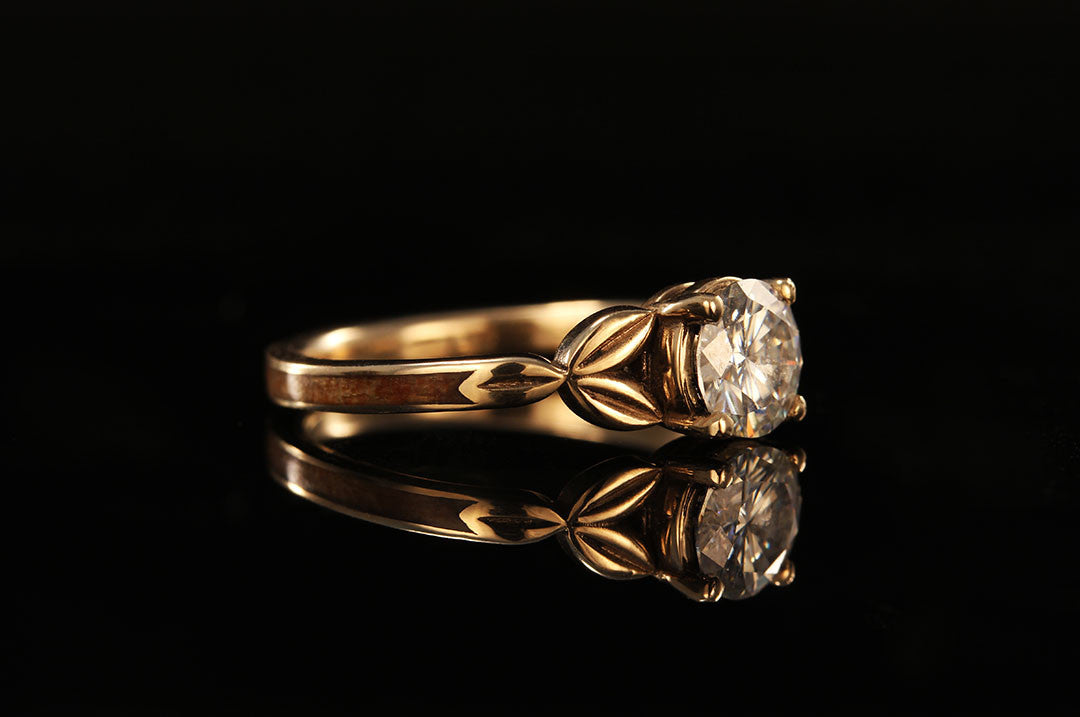 Women's Wood Ring With 14K yellow Gold, side view, yellow gold diamond, Chasing Victory