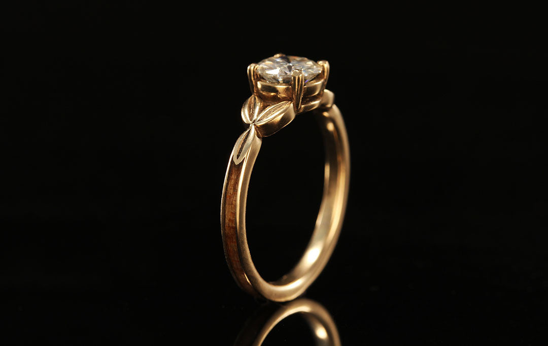 14K Ancient Kauri Yellow gold diamond leaf ring, single diamond, gold lining, wooden band