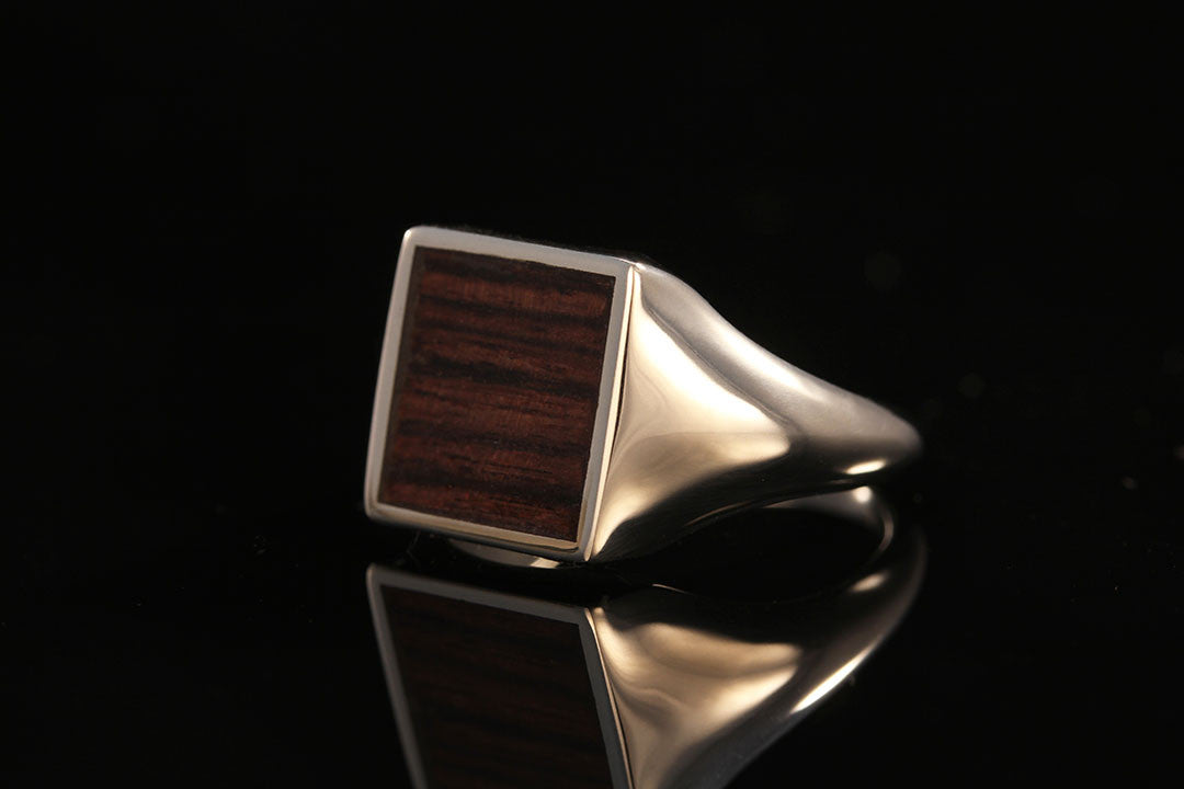 Kingwood 14k mens wood ring, silver band, square shaped wooden piece