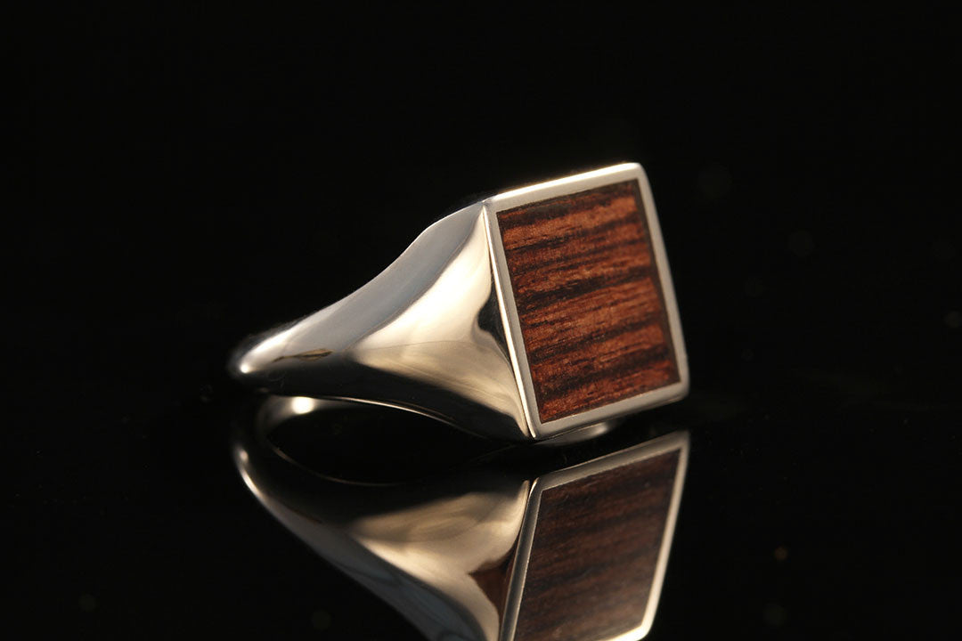 side view of a wood ring, Chasing Victory, silver band