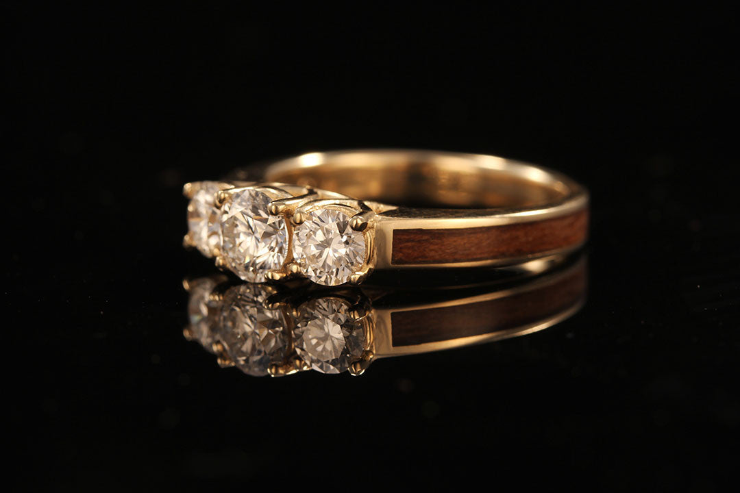 a yellow gold and wooden ring, wooden band view