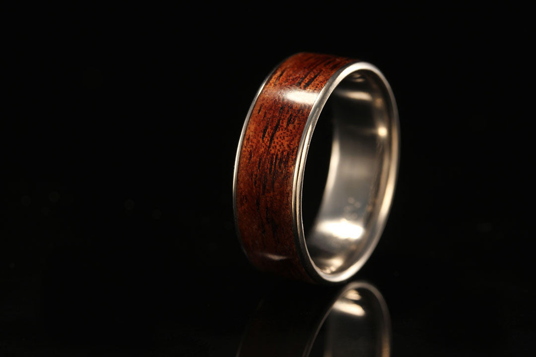 wooden ring with titanium, hawaiian koa wood ring, upright view, Chasing Victory
