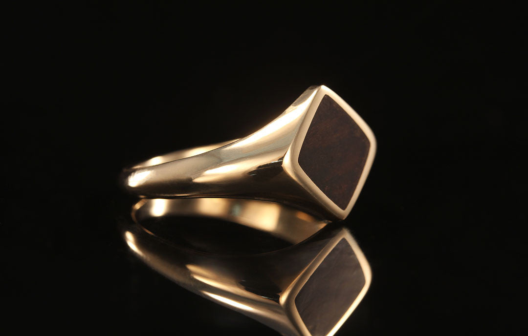 Wooden Signet Ring, side view, yellow golden band