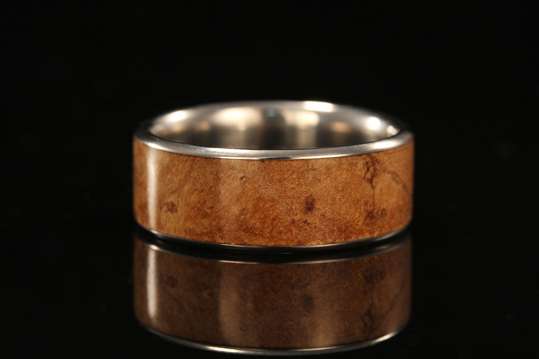 wooden ring for a man with titanium, silver interior lining, mens wedding band