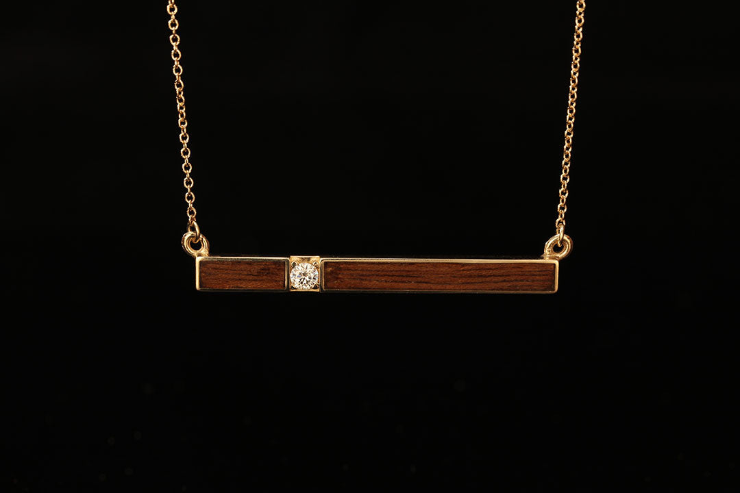 Horizontal gold bar pendant with Walnut wood inlay and diamond setting, Chasing Victory, gold chain