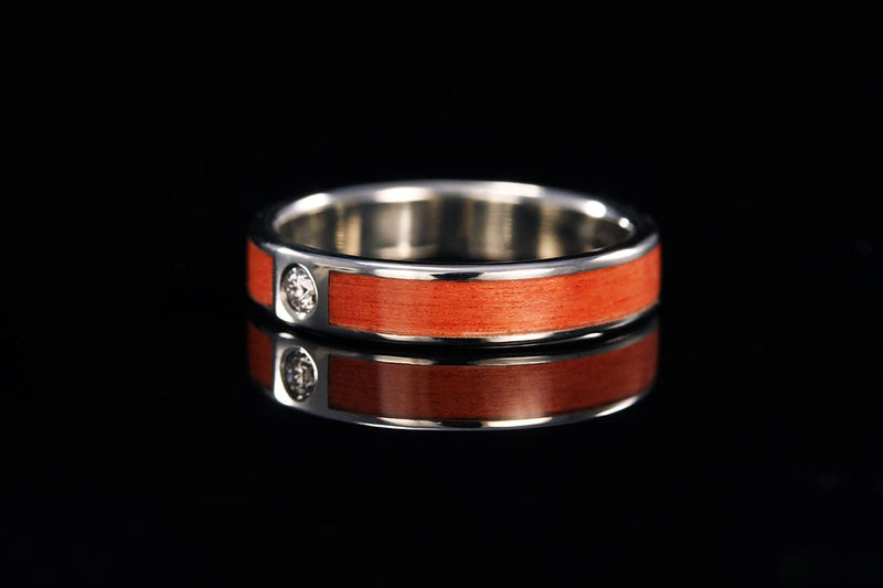 Wood ring with Ivory and diamond, side view, silver interior