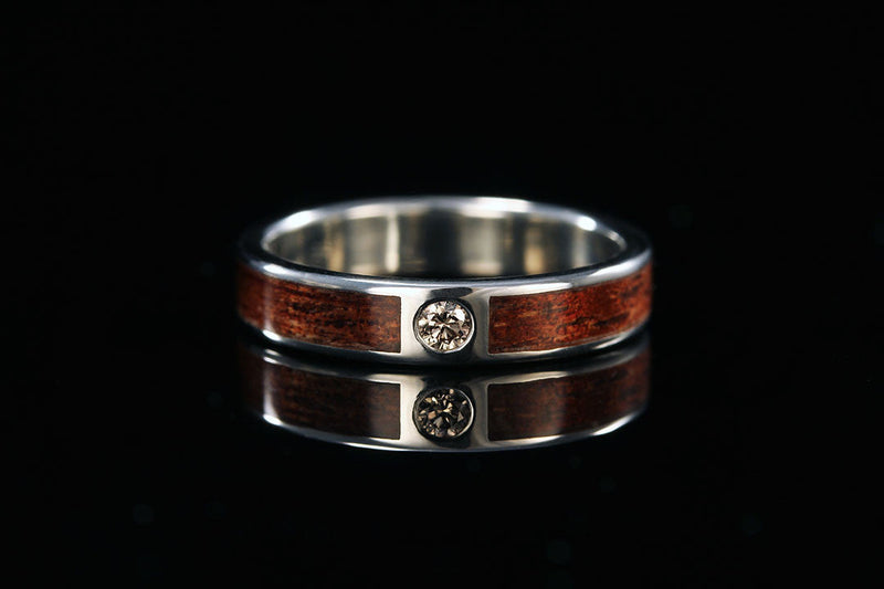 Diamond Gypsy set Hawaiian Koa wood ring, Chasing Victory, wedding band, silver lining