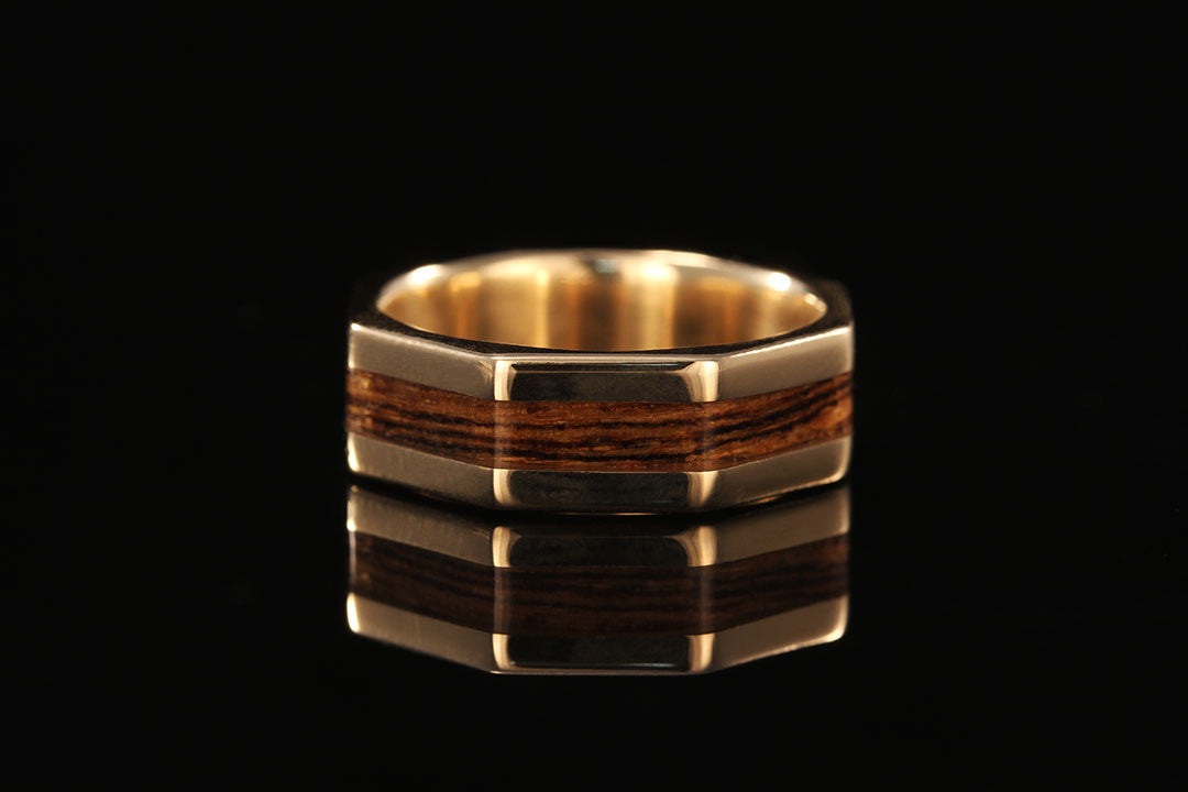 Octagon ring with Bocote wood inlay, Chasing Victory, golden interior 