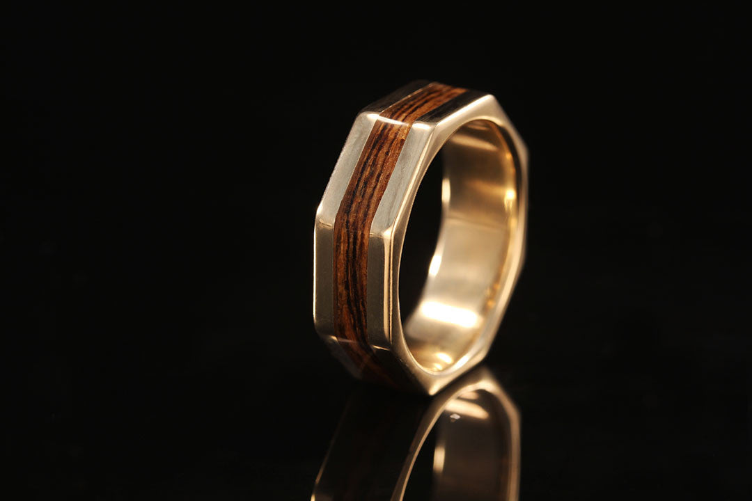 golden octagon ring with wood inlay, upright view, golden interior