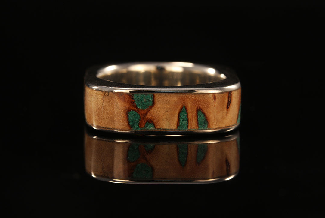 Wood square ring with Mappa Burl wood, golden interior band