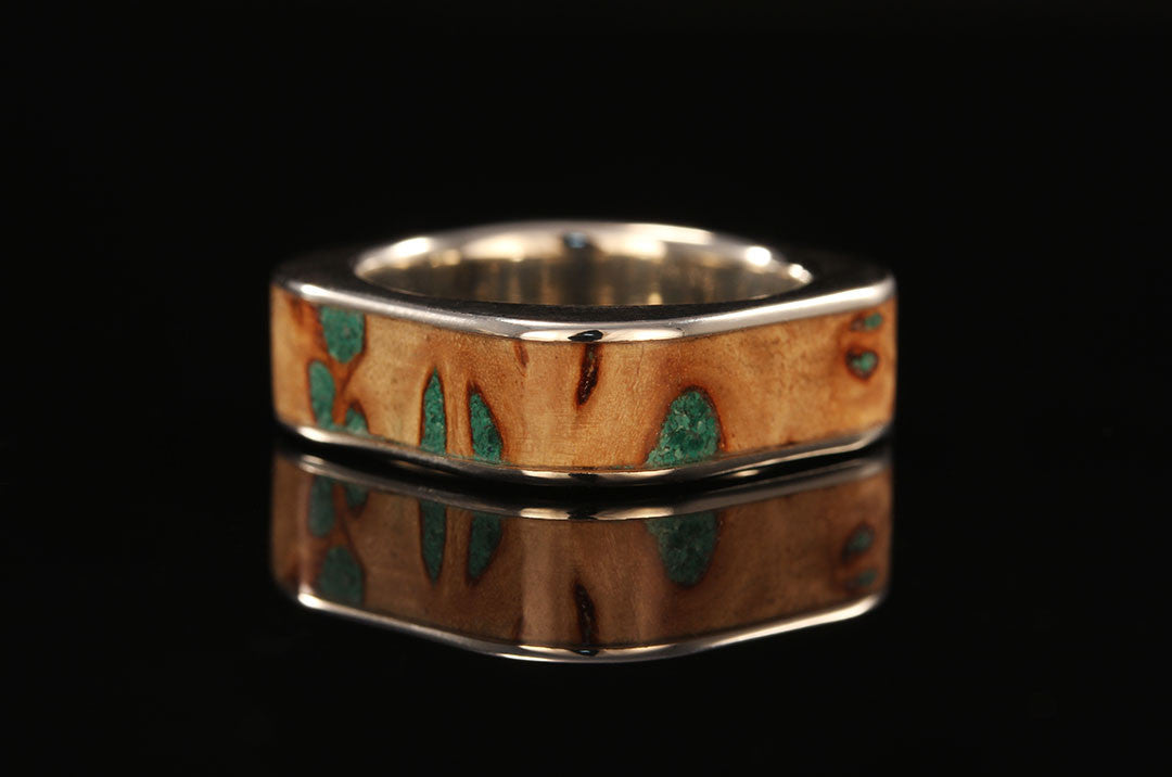 Square ring with Mappa burl wood and Malachite stone inlay, Chasing Victory, wedding rings, wedding bands