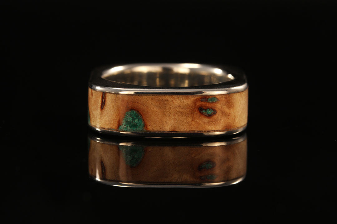Wooden square ring, golden lining, Mappa burl wood band