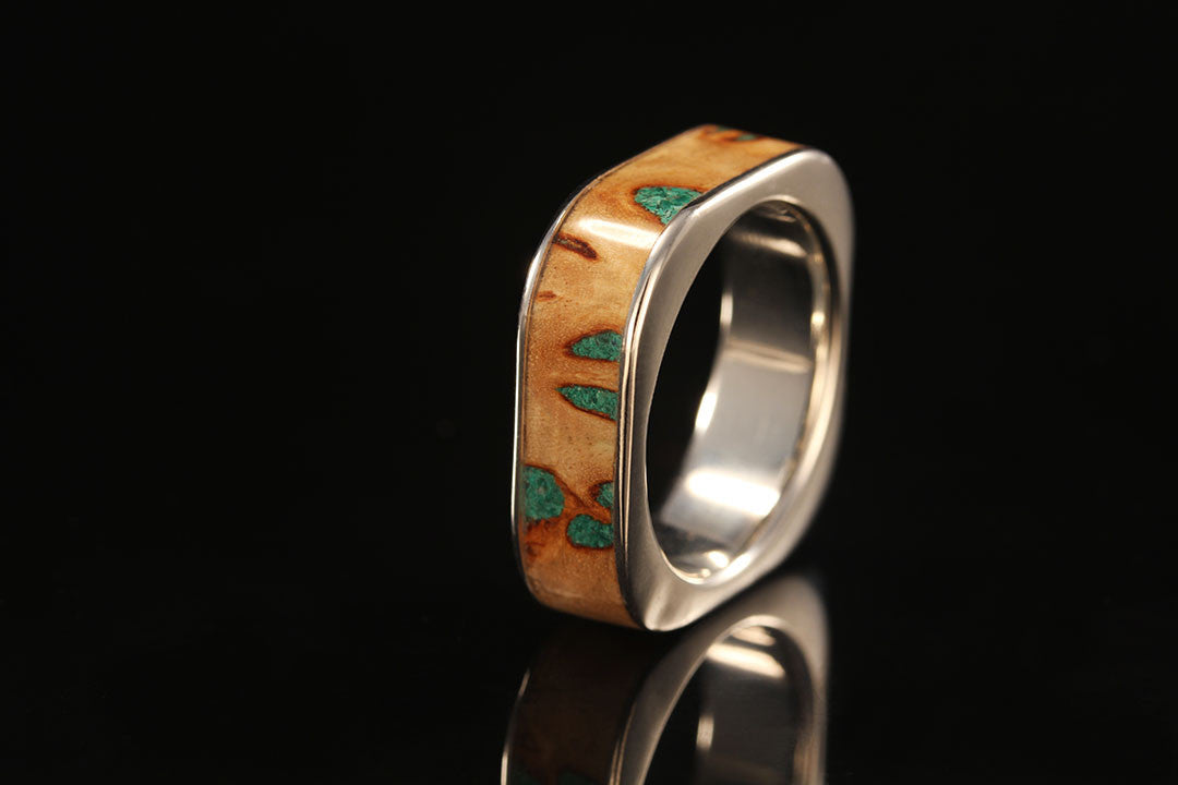 Wood square ring with malachite stone inlay, upright view, golden band, Chasing Victory