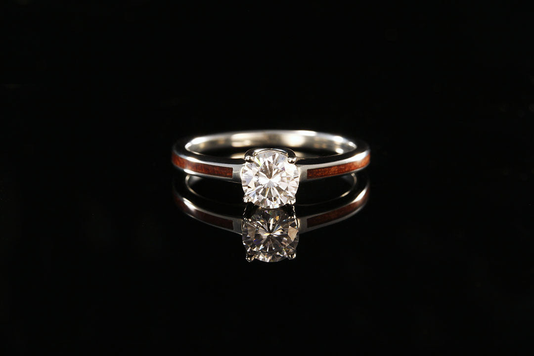 Hawaiian Koa wood 14K white gold diamond ring, Chasing Victory, wooden band, white diamond