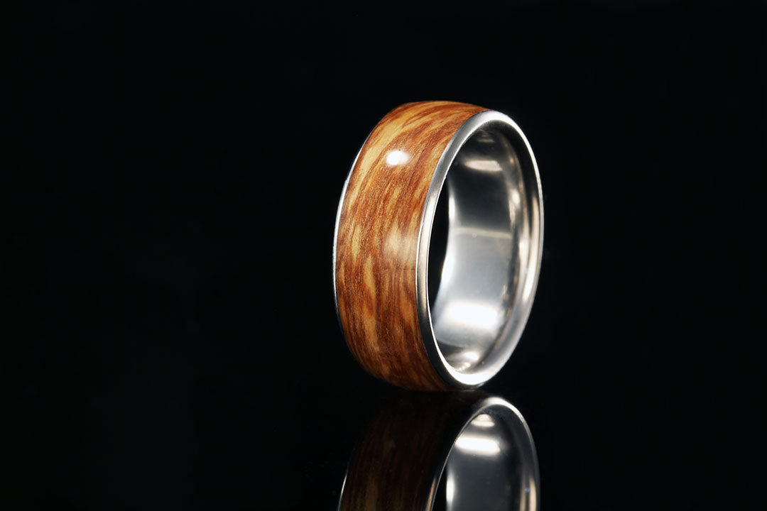 Men's Olive Wood Wedding Ring, upright view, silver inner band