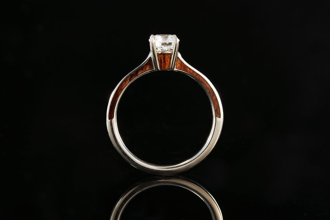 wooden ring upright view, white diamond