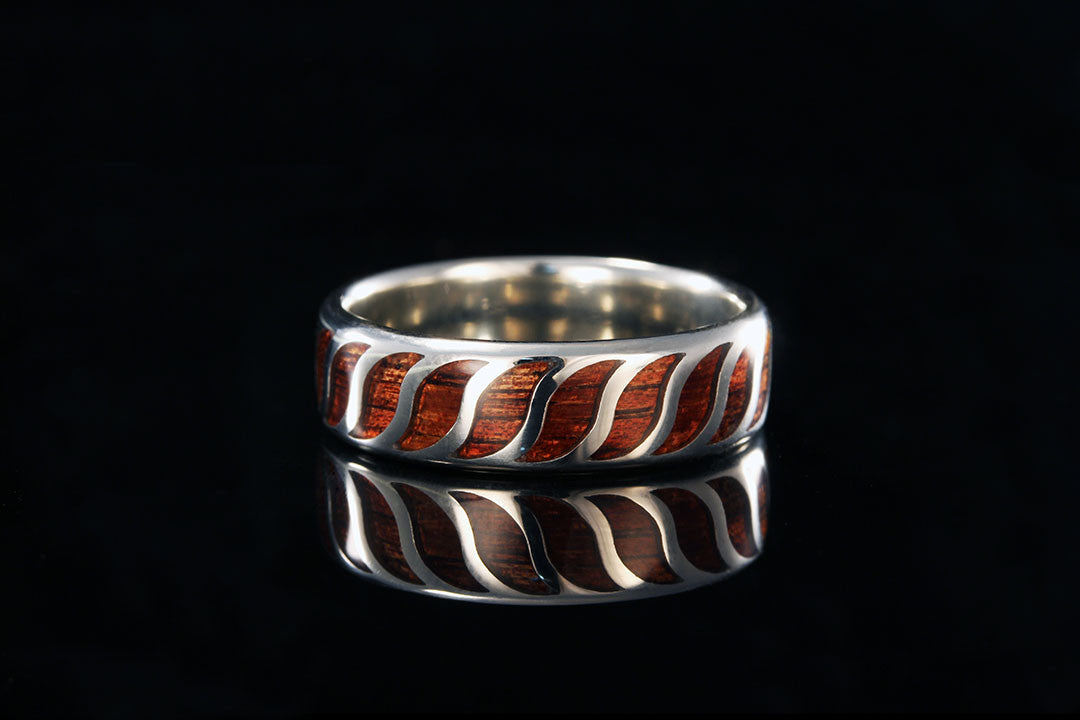 HAWAIIAN KOA WOOD 14K WHITE GOLD WAVE RING