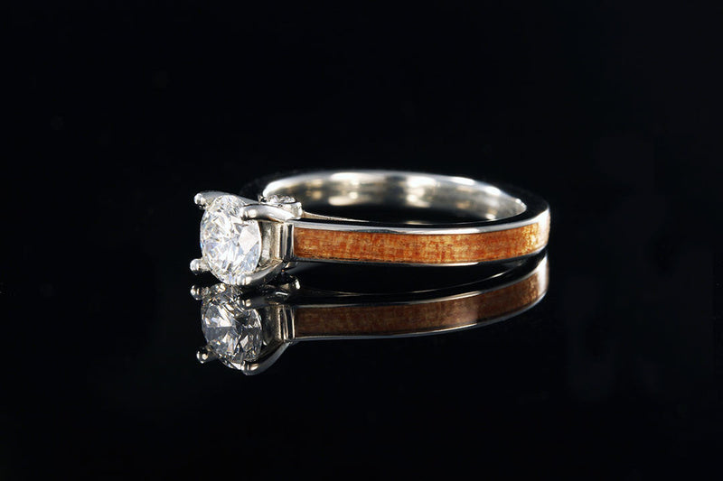 Tiffany diamond wooden engagement ring, side view, wooden band, silver linings