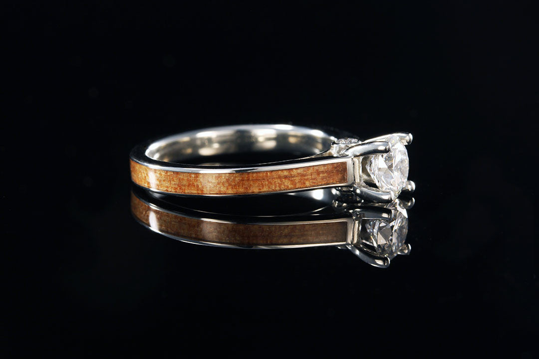 wood ring with diamond, Tiffany side stones, side view, wooden band, Chasing Victory