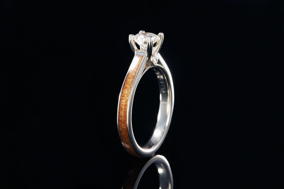 Diamond wood ring, Ancient Kauri wood, Standing view, silver inner band