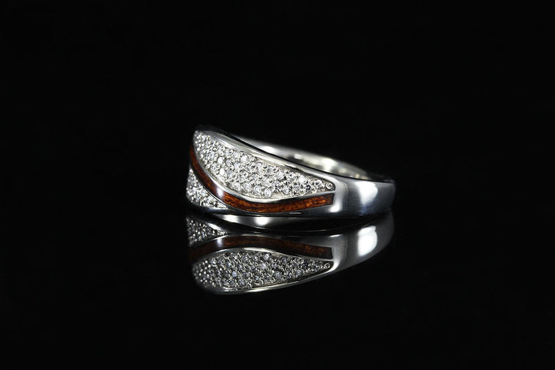 Diamond Wood Ring, side view, white diamonds and silver band
