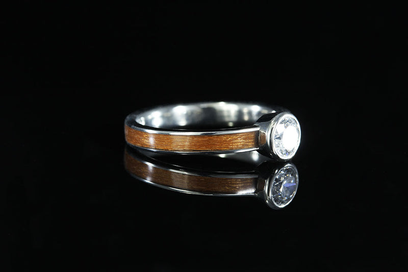 gold and cherry diamond ring right side view, 14K gold Bezel Set Diamond Cherry Wood ring