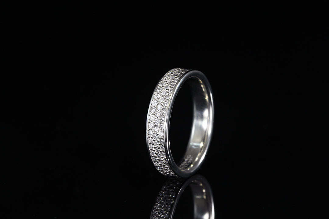 white gold with pave diamond inlay, white gold diamond inlay ring, round silver ring, white diamond, Chasing Victory