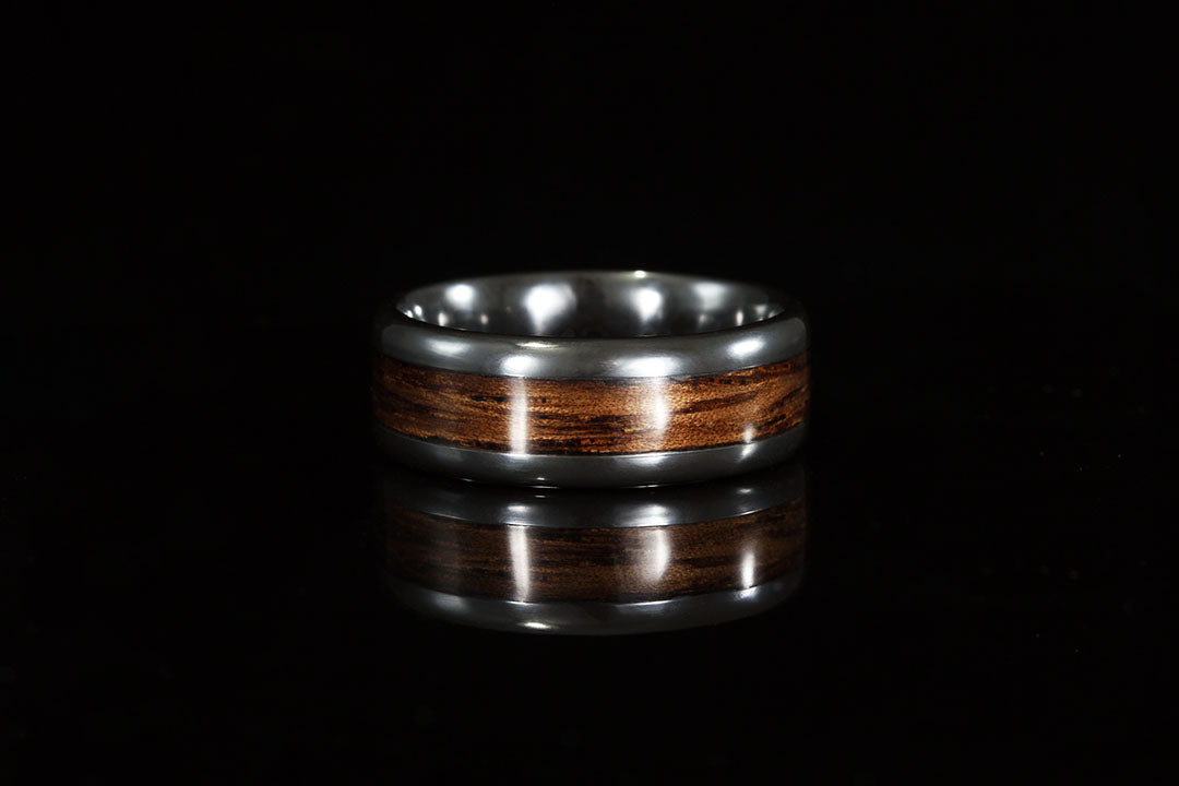 Monkey pod wood mens zirconium ring, wooden wrap, silver lining
