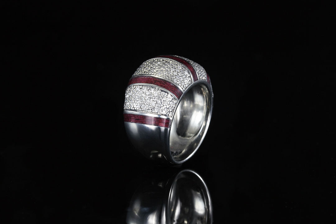 Upright 14K White Gold Diamond Cocktail Ring, purpleheart wooden rind, silver, standing view, Chasing Victory