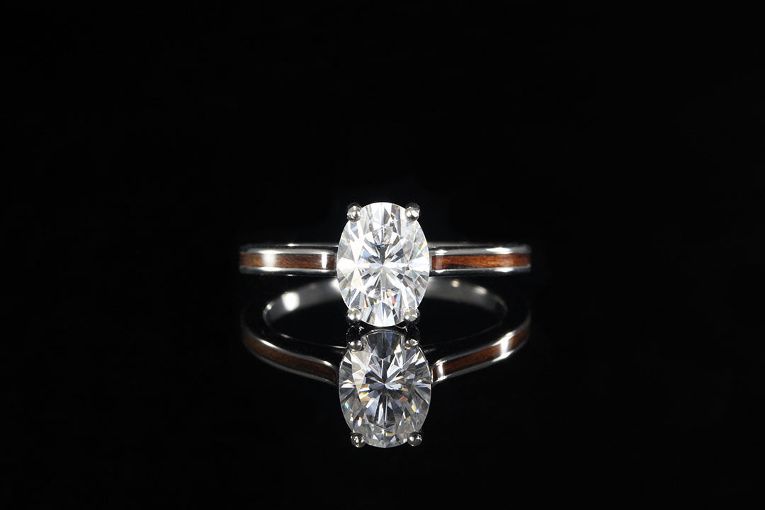 Hawaiian Koa Platinum diamond engagement ring, Chasing Victory, white diamond, wooden band