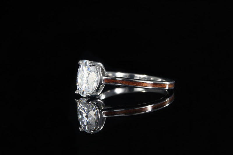 White diamond, wooden band, koa wood, wedding ring, engagement ring