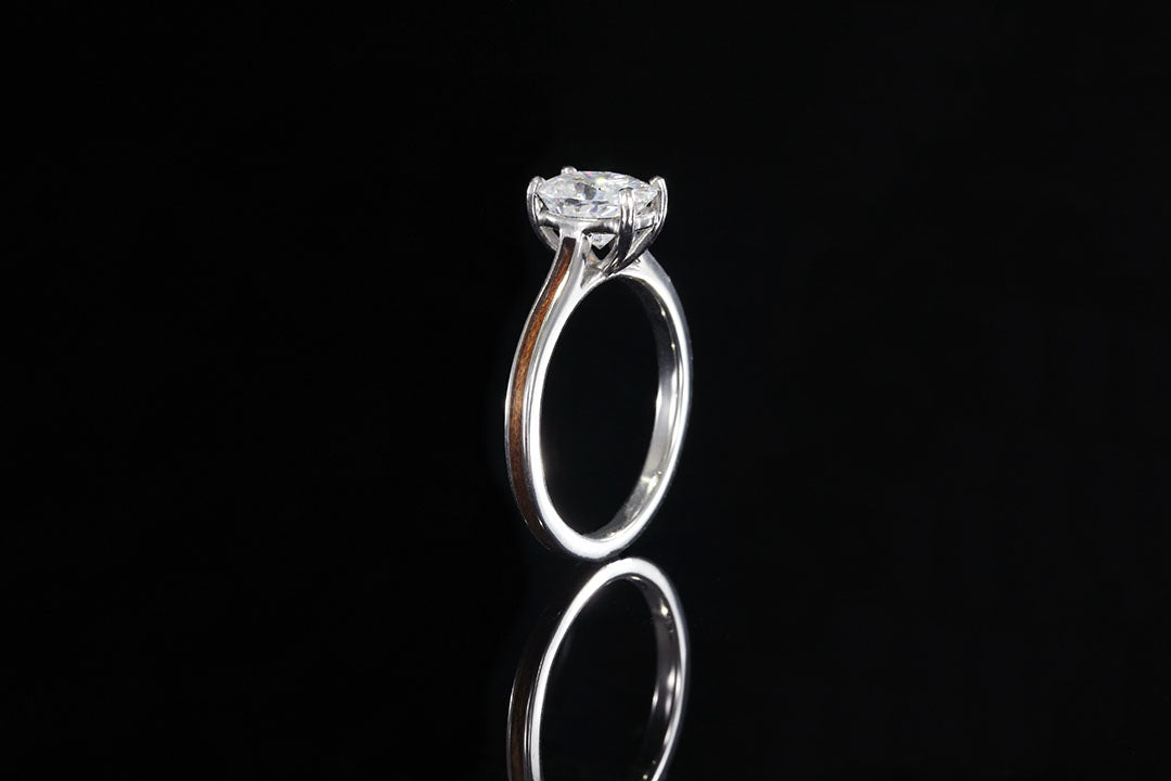 Hawaiian Koa wood wedding ring, engagement ring, upright view, white diamond, Chasing Victory