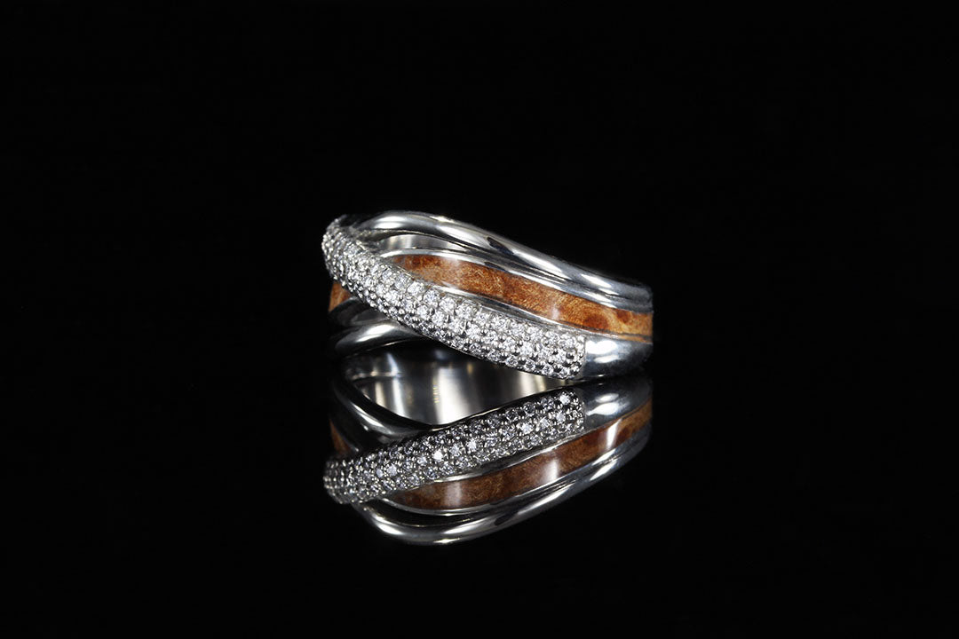 burl wood ring with diamonds, wedding ring, maple burl wood, silver band