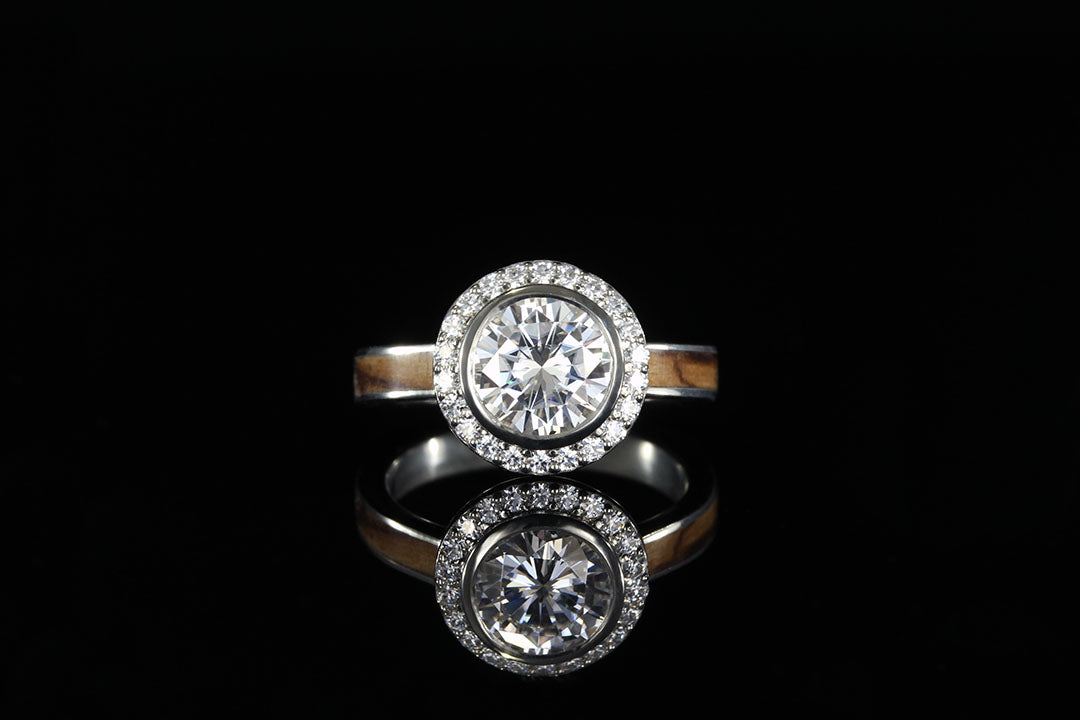 White gold Bethlehem olive wood Diamond halo Bezel engagement ring, Chasing Victory, Wedding ring, wedding bands, engagement rings