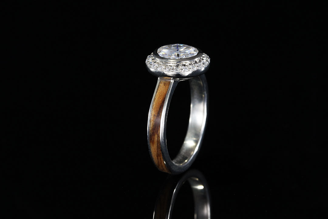 upright engagement ring, silver interior with olive wood exterior band, white gold diamond, Chasing Victory