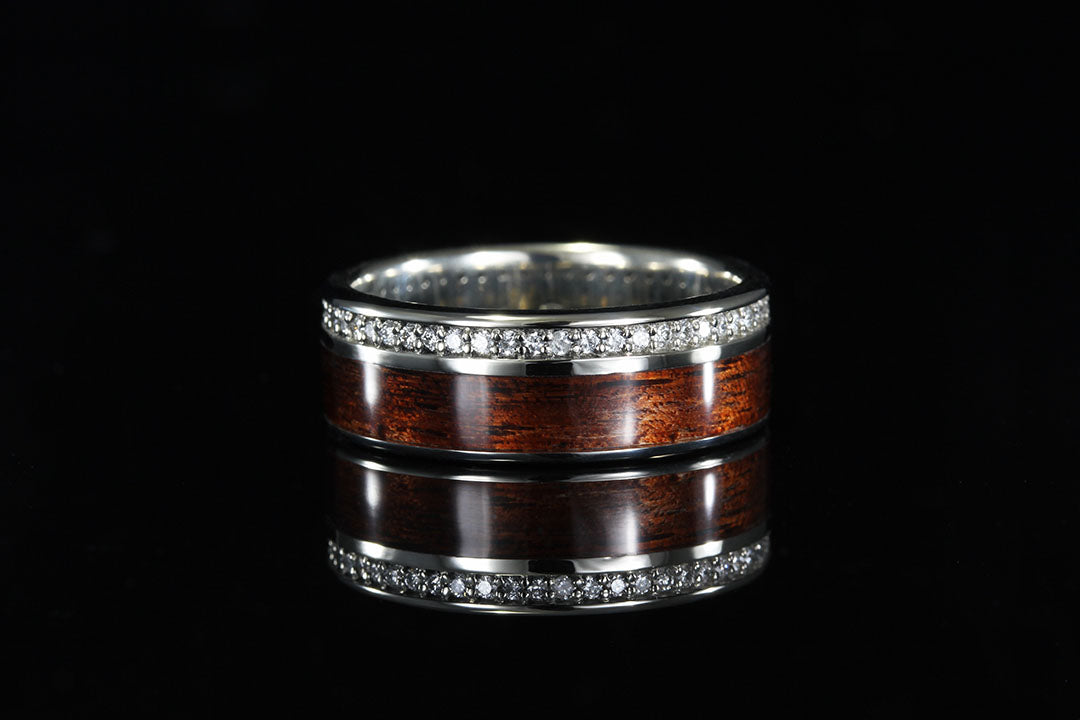 HAWAIIAN KOA WOOD INLAID IN 14K WHITE GOLD OFFSET WITH DIAMONDS