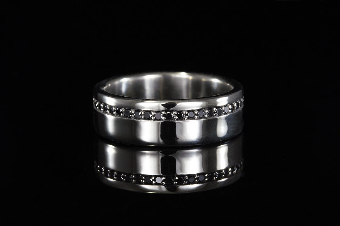 Black diamond offset in white gold, mens ring, engagement ring, Chasing Victory, white diamond, silver band