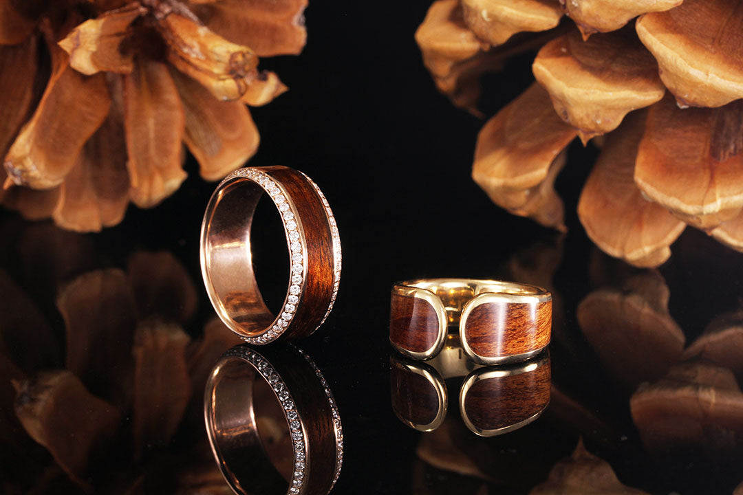 2 Sheoak and Gold rings with diamond linings with a pinecone background, Chasing Victory